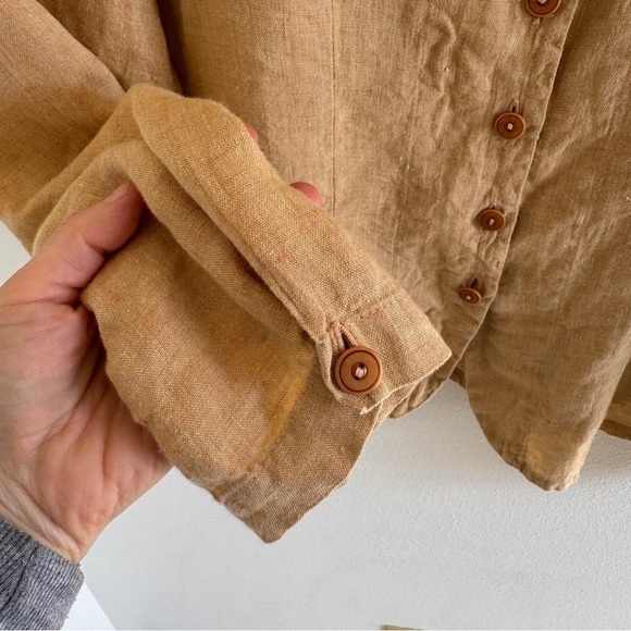 FLAX Linen Button Up Orange Yellow Wheat color Small - Picture 3 of 9